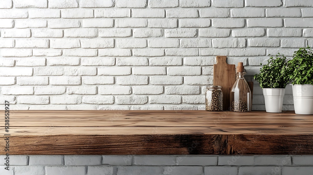 Poster empty space wooden top surface on white brick wall background with natural lighting mockup scene dis
