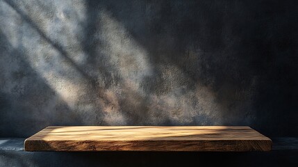 Wooden board with shadows and black wall background Free space for your decoration : Generative AI