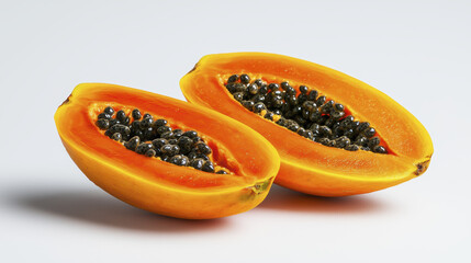 Vibrant sliced papaya with black seeds on white background