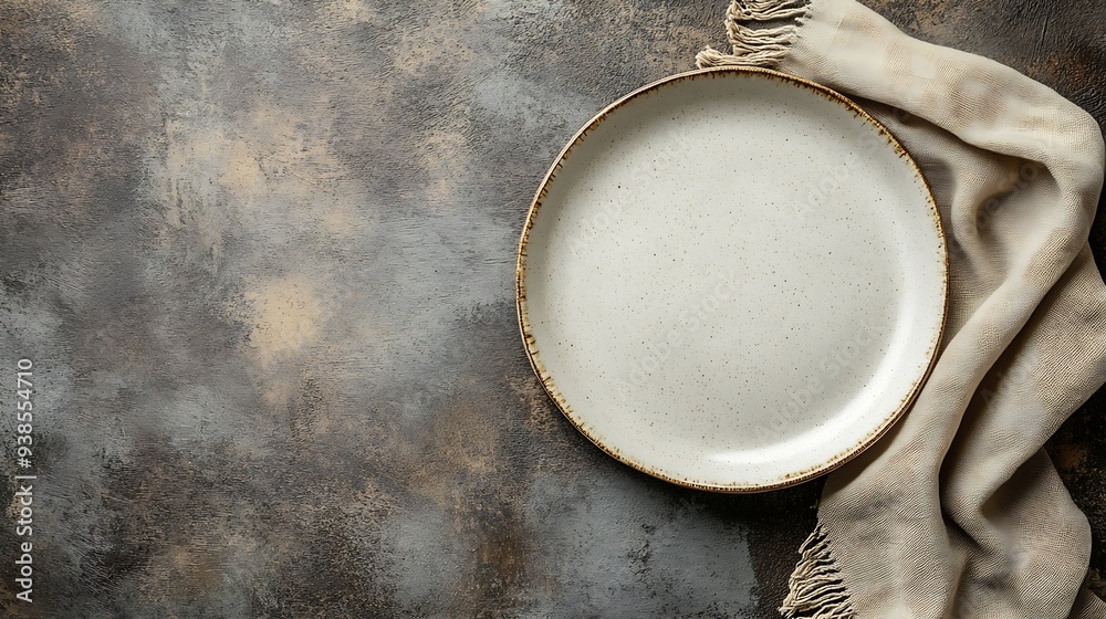 Poster empty white plate with a beige linen napkin on a brown rustic background top view flat lay copy spac