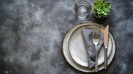 From above of tasteful minimalist table setting showcasing a ceramic plate silver cutlery bundled in a grey napkin a textured glass and a miniature succulent plant : Generative AI