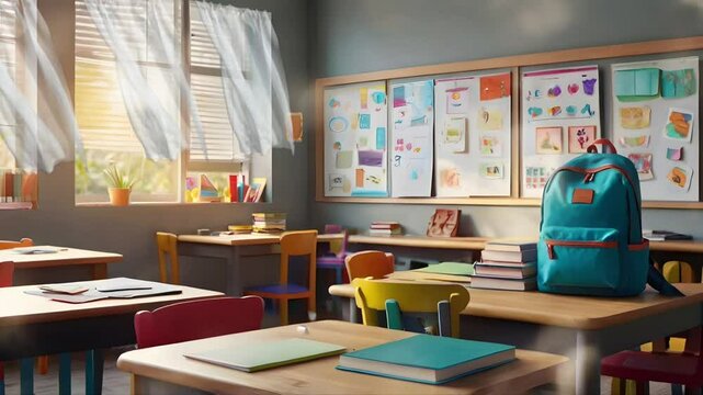 Back to school concept, A cute bag on a wooden table in a classroom with complete learning equipment. Seamless 4K looping timelapse video animation background