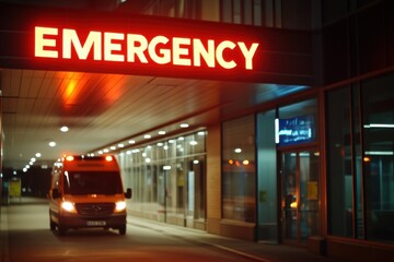 An illuminated emergency room entrance at night with an ambulance, signaling urgent medical care and hospital access.