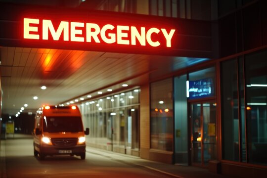 An illuminated emergency room entrance at night with an ambulance, signaling urgent medical care and hospital access.