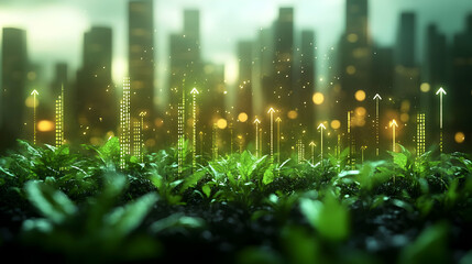 Green shoots growing in front of a city skyline with glowing upward arrows.