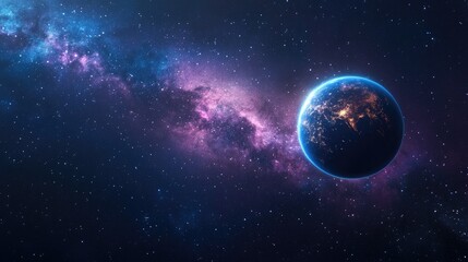 Earth glowing in the darkness of space, surrounded by stars and the vast Milky Way galaxy