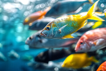 Naklejka premium Colorful Tropical Fish Swimming in Clear Blue Water of a Vibrant Coral Reef