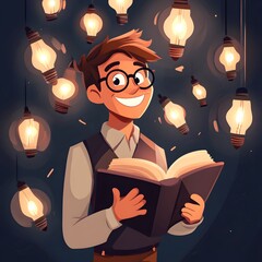 Illuminated Imagination: A young man's face glows with the joy of discovery as he reads, surrounded by glowing light bulbs symbolizing knowledge and inspiration. 