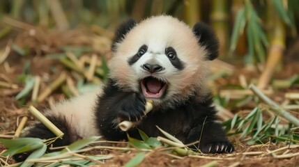 Obraz premium Adorable Panda Cub Enjoying Bamboo