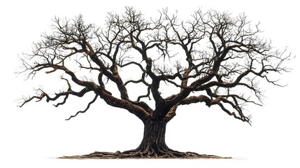 Fototapeta premium The Ancient Sentinel: A solitary, bare-branched tree stands against a white background, its gnarled branches reaching towards the sky like skeletal fingers. The image evokes a sense of resilience, tim