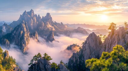 Golden Hour Majesty:  A breathtaking panorama of majestic mountain peaks bathed in the golden glow of sunrise, with swirling clouds adding a touch of ethereal beauty