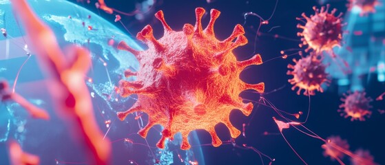 Obraz premium Global Pathogen Outbreak - Virus Particle Surrounded by Warning Symbols on Vibrant World Map Background