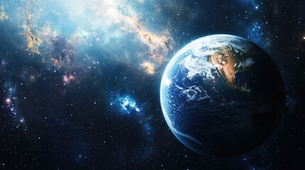 Obraz premium Earth illuminated by sunlight, with stars and distant galaxies visible in the endless universe