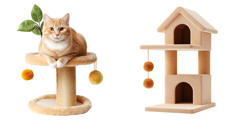 A cat tree with hanging toys pet furniture photorealistic interactive and fun isolated on white and transparent background