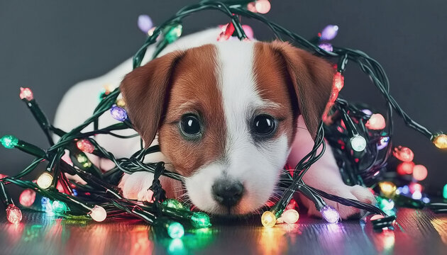 Jack Russell Puppy Tagled in Colored Christmas Lights AI