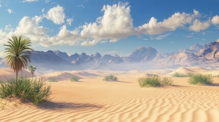 A desert landscape with a few bushes and a spectacular sky