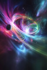Abstract Space Nebula with Colorful Light Trails and a Planet