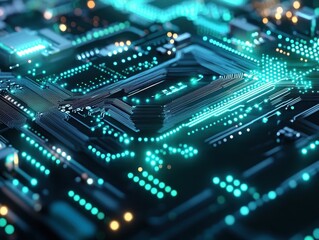 Fototapeta premium Abstract Circuit Board with Glowing Blue and Yellow Lights - Technology Background.