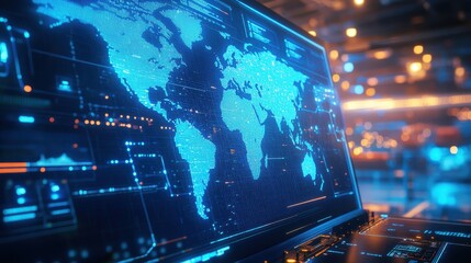 Futuristic World Map Digital Display on a Laptop Screen with Blue and Orange Lights.