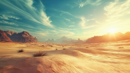 Naklejka premium A desert landscape with a few bushes and a spectacular sky