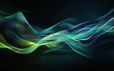 Abstract Green and Blue Light Waves on Black Background - Digital Art
