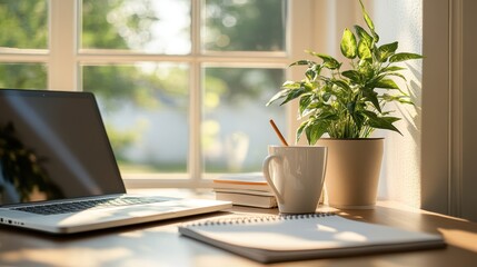 Fototapeta premium Laptop, Coffee Cup, Notebook and Plant on Desk Near Window with Natural Light.