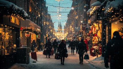 Obraz premium Snowy Christmas Shopping Street with Festive Lights and Decorations.