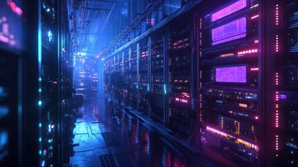 Fototapeta premium Futuristic Server Room with Neon Lights and Wet Floor.