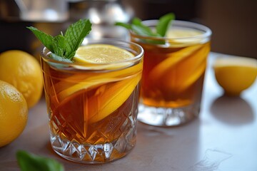 Cold iced tea with mint garnish and sliced lemons