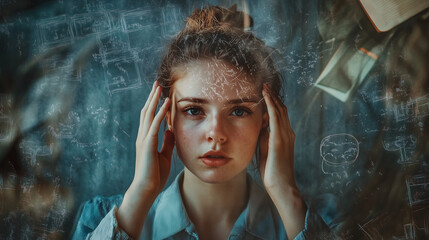 Portrait of a young woman with a distressed expression, holding her head while looking overwhelmed, standing in front of a chaotic background of floating math equations and books.