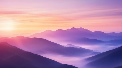 Fototapeta premium Majestic Mountain Ranges at Sunrise with Misty Fog and a Purple Sky.