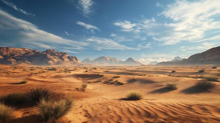 Naklejka premium A desert landscape with a few bushes and a spectacular sky