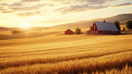 Red Barn in a Golden Wheat Field at Sunset.