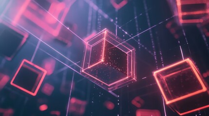 Fototapeta premium Abstract Neon Glowing Cubes with Geometric Lines and Bokeh Lights in a Dark Background.
