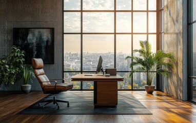 Modern Office Interior Design with City View and Large Windows.