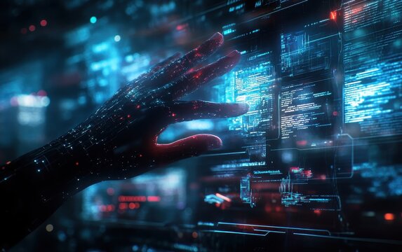 Futuristic Hand Interacting with Holographic Interface - Cyber Technology, Digital World, Artificial Intelligence, Virtual Reality,  Program Code, Sci-Fi,  High-Tech Concept.