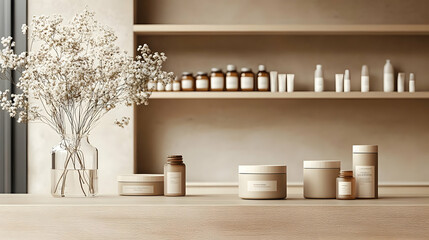 Minimalist bathroom with skincare products and dried flowers on a wooden counter.