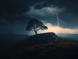 Dramatic Lightning Strike Over Lone Tree on Hilltop