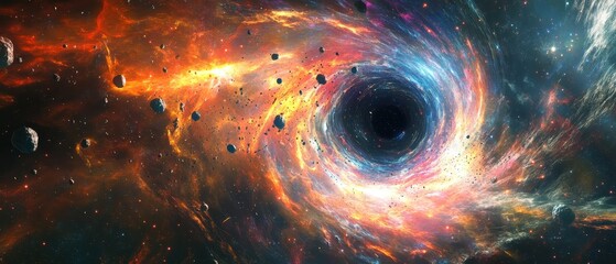 Cosmic Vortex Black Hole, Nebula, and Asteroids in Space.