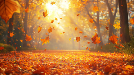  Autumn Forest Background with Golden Falling Leaves and Sunlight Casting Detailed Shadows