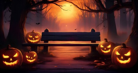 A spooky forest sunset with a haunted evil glowing eyes of Jack O' Lanterns on the left of a wooden bench on a scary halloween night.