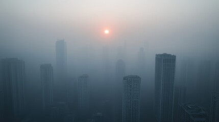 Fototapeta premium Misty Cityscape with Sun Peeking Through Clouds.