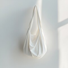 White Fabric Bag Mockup Hanging Against White Wall with Natural Light