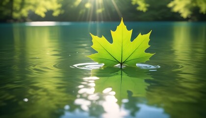A green maple leaf floating on water, with a blurred green background
