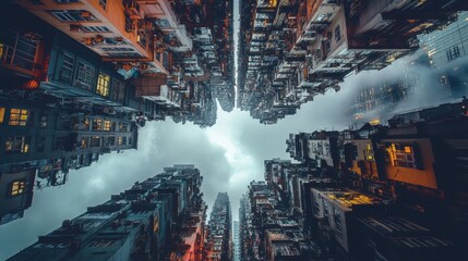 Upward View of Densely Packed Buildings in Hong Kong, Abstract Architecture, Urban Landscape, Cityscape, Modern Architecture