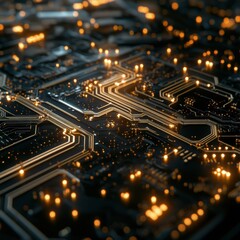 Obraz premium Abstract Circuit Board with Golden Lines and Glowing Lights - Technology Background.