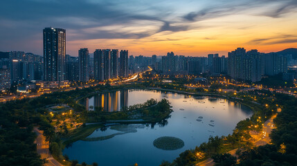 Aerial View of Central Park at Twilight in Incheon