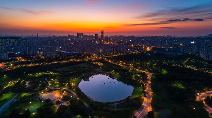 Fototapeta premium Aerial View of Central Park at Twilight in Incheon