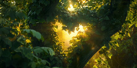 Abstract forest in sun rays icon Warm sunlight nature leaves