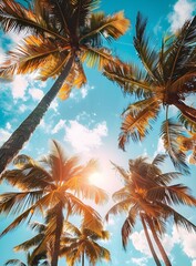 Fototapeta na wymiar Coconut palm trees and blue sky background. Vintage toned - Generated AI
